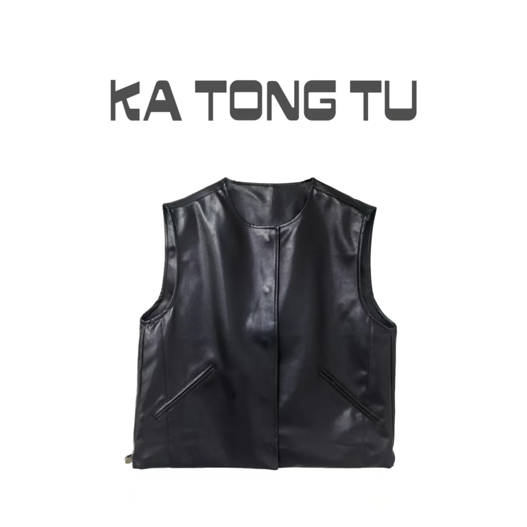 KATONGTU 【黑茶】春秋设计感蛋白皮休闲马甲外套 DM2502023