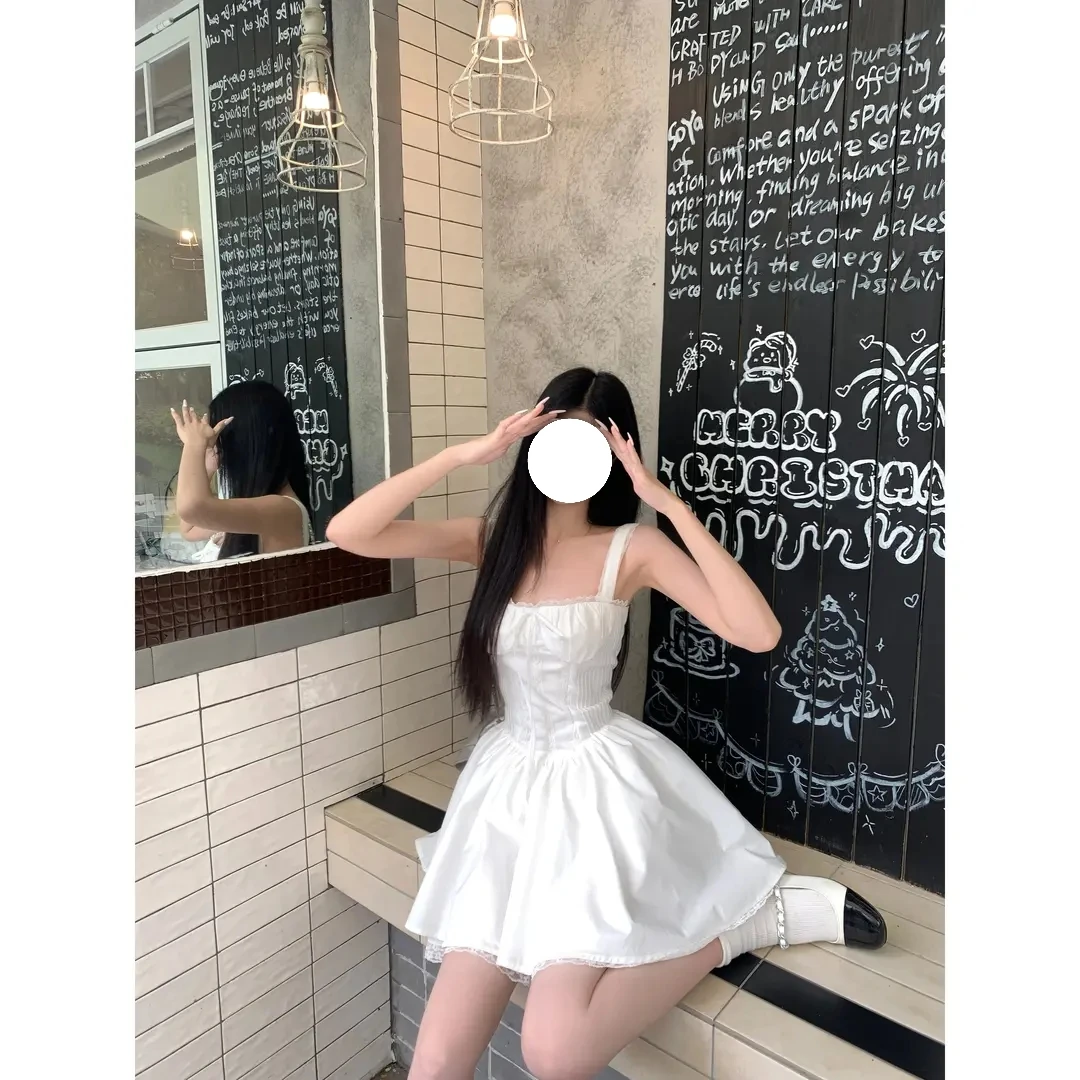 【初恋白】白色吊带连衣裙女夏季新款蕾丝收腰度假初恋短裙