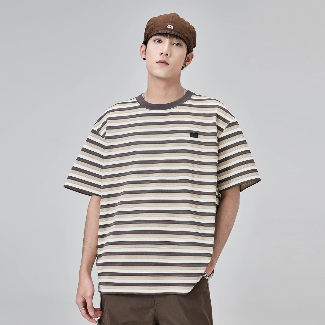 条纹撞色短袖t恤男女同款夏季潮牌潮流复古圆领半袖情侣重磅上衣