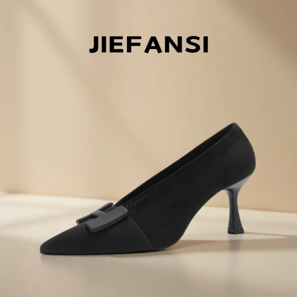 高跟鞋女夏新款真皮搭扣酒杯跟性感v口尖头中跟单鞋女复古奶奶鞋