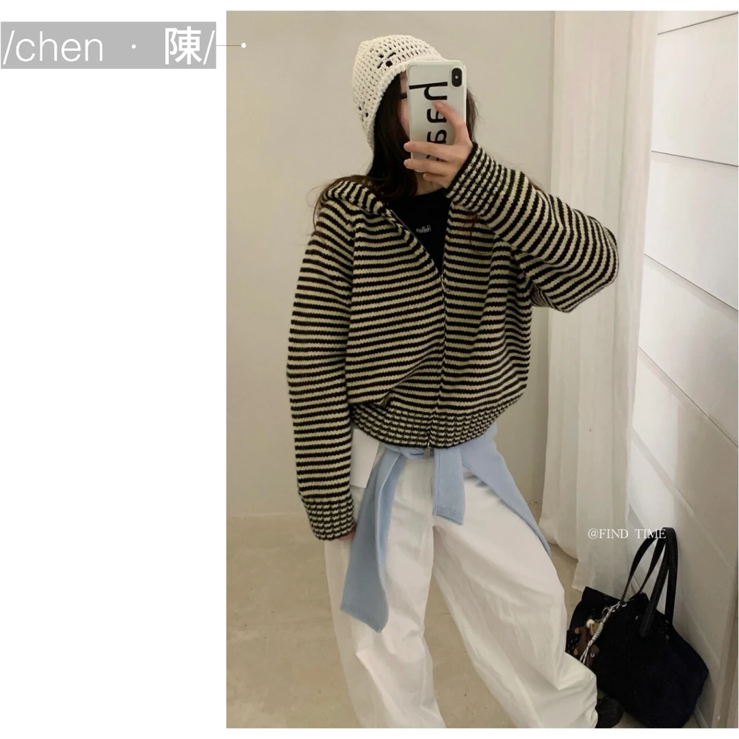 chen·陳韩系  撞色条纹连帽  拉链毛衣外套