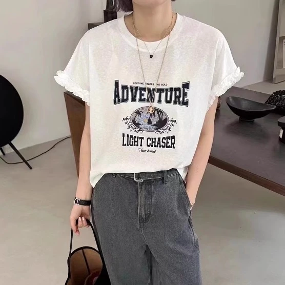 木耳边花边圆领短袖T恤女2025欧货夏季字母印花百搭宽松套头上衣