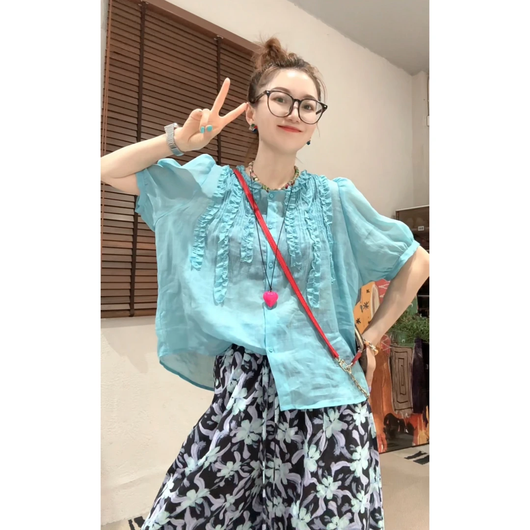 【Z.D.C】木耳边的一件短袖开扣衬衫/宽松薄开扣