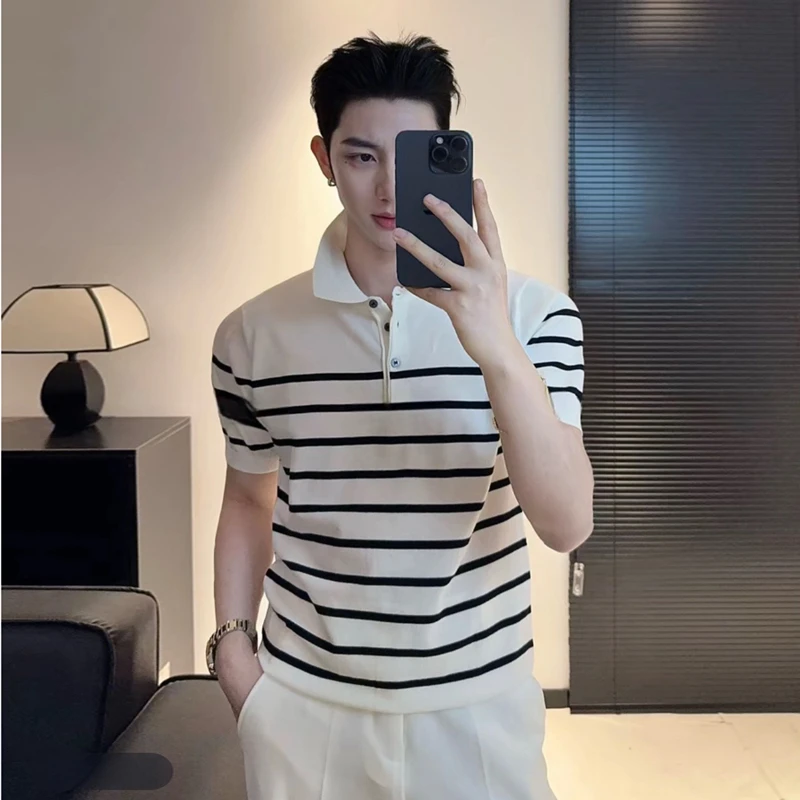 奥锐捷思轻奢高级感撞色条纹POLO衫男士夏季休闲冰丝针织短袖T恤