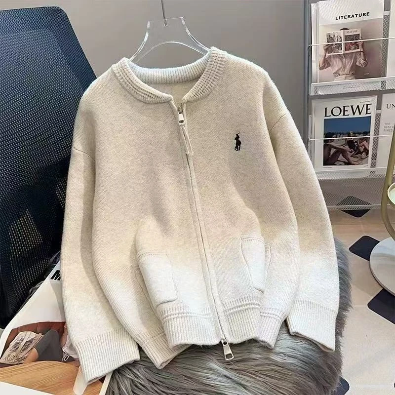 《法式穿搭》5594，百搭圆领拉链双口袋针织开衫女2024秋新款慵懒风