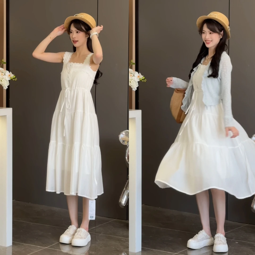 【大潘优品】【白山茶】长款时尚纯色清凉法式气质连衣裙CDP4LYQ271A