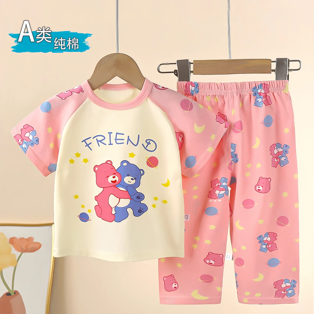 夏季纯棉透气家居服卡通薄款2025男童日式空调服套装女宝夏天套头