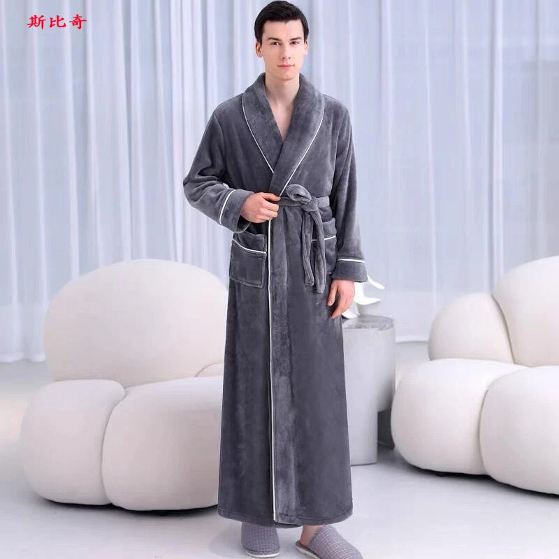 Sibiqi加长款男士睡袍2025年秋冬款冬季珊瑚绒灰色保暖加厚款浴袍