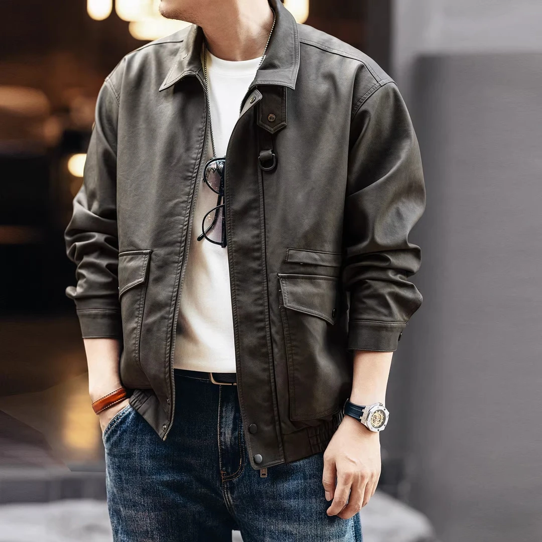 高端美式复古潮牌机车服皮夹克男秋季宽松大码痞帅男款外套潮流