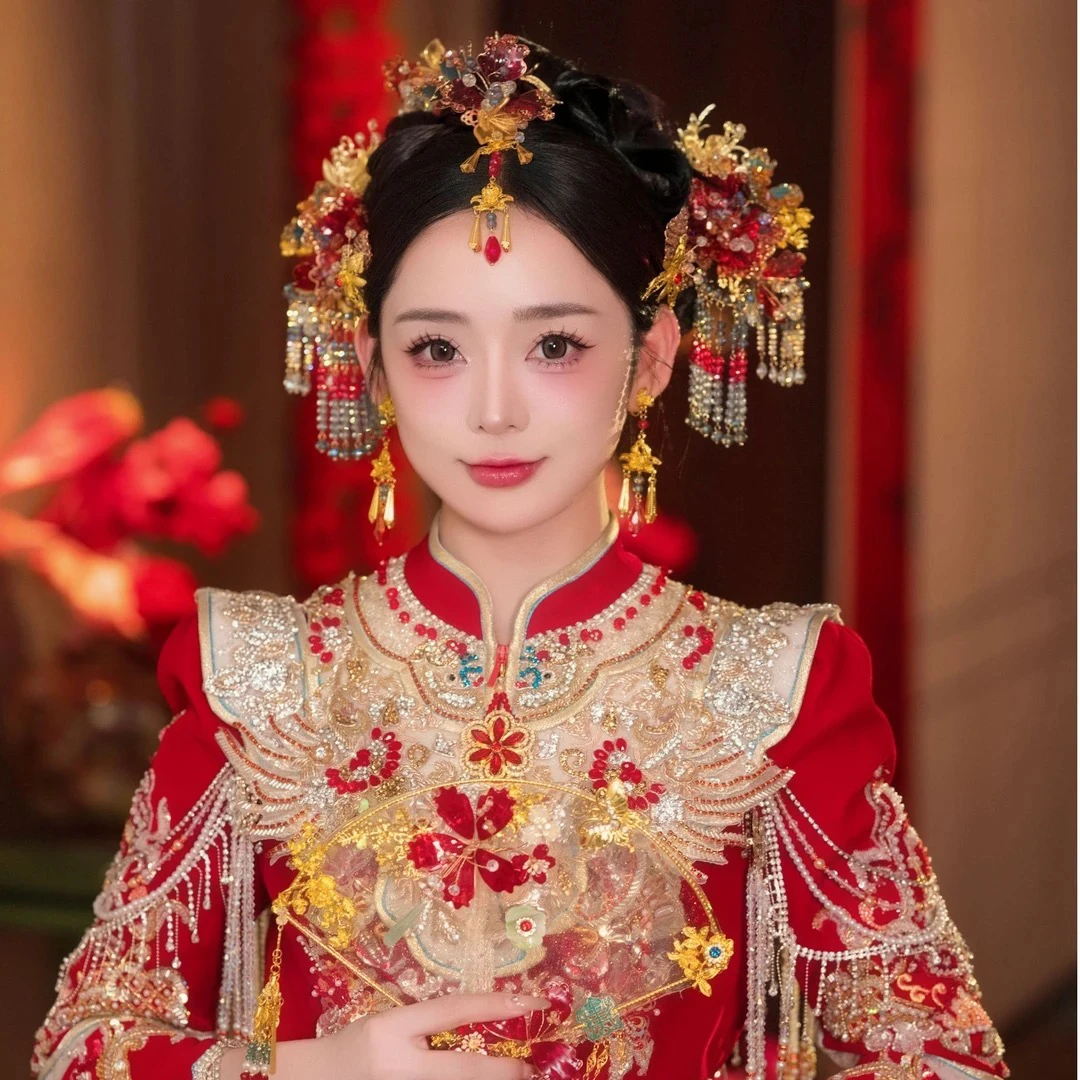 Z8179手工水晶红色凤钗古装汉服头饰中式复古婚礼新娘秀禾发饰品