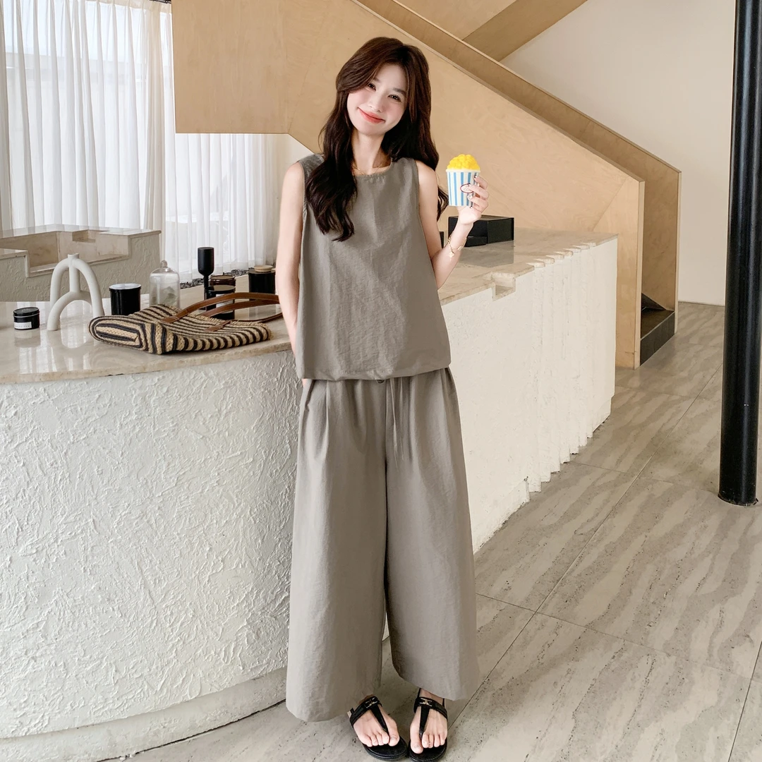 2025夏新款韩系圆领褶皱收腰无袖背心上衣直筒阔腿长裤女两件套装