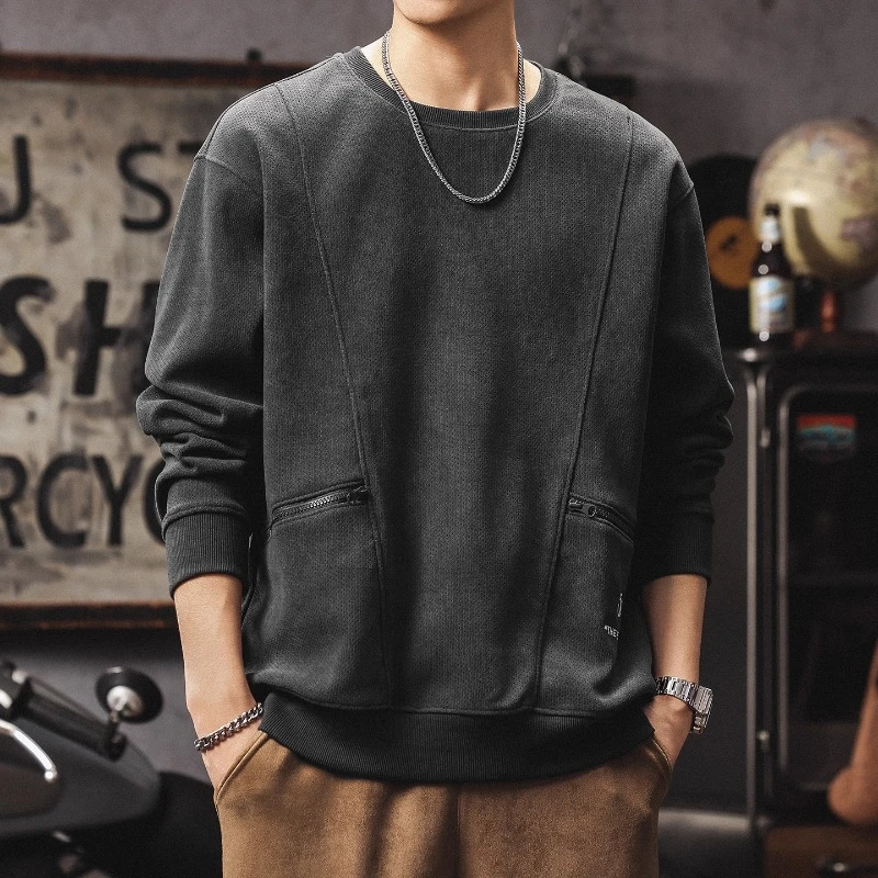 U&PURA设计感口袋圆领卫衣男款加厚复古重磅保暖加绒宽松套头外套