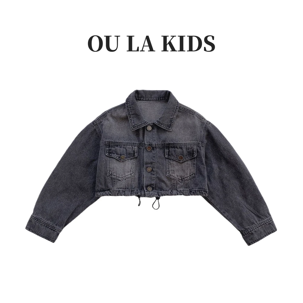 2025春季新品女童复古水洗打褶合身百搭童装牛仔外套8142