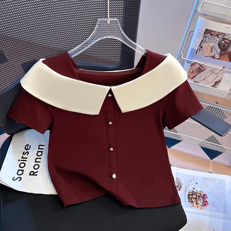 2025夏季新款娃娃领撞色拼接T恤甜美洋气收腰减龄显瘦百搭上衣