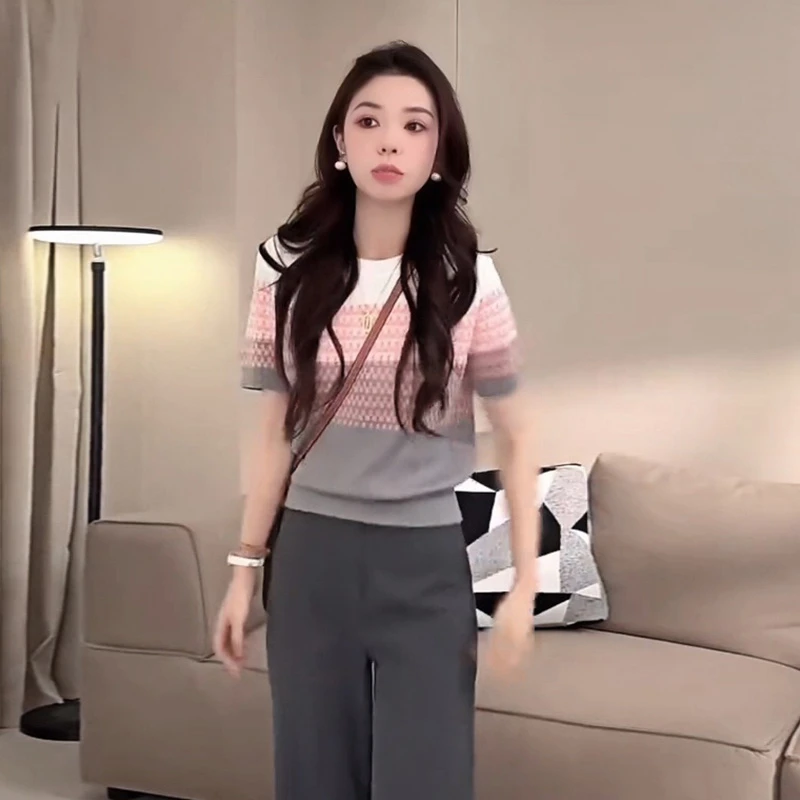 时尚简约渐变设计短袖针织衫女2025春季新款宽松显瘦气质百搭上衣