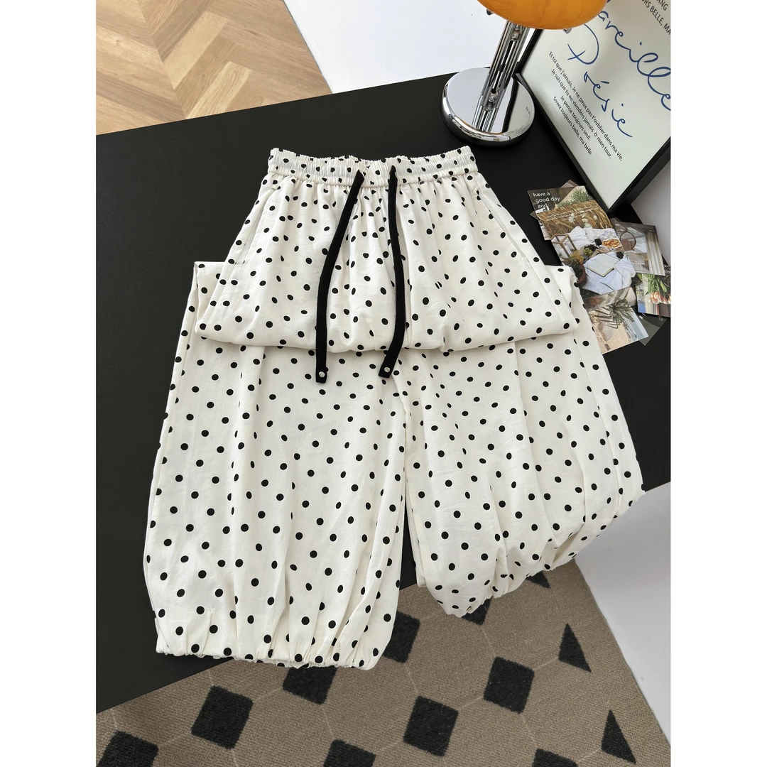 实拍波点棉麻气球裤女夏薄款宽松显瘦灯笼阔腿裤小个子九分哈伦裤