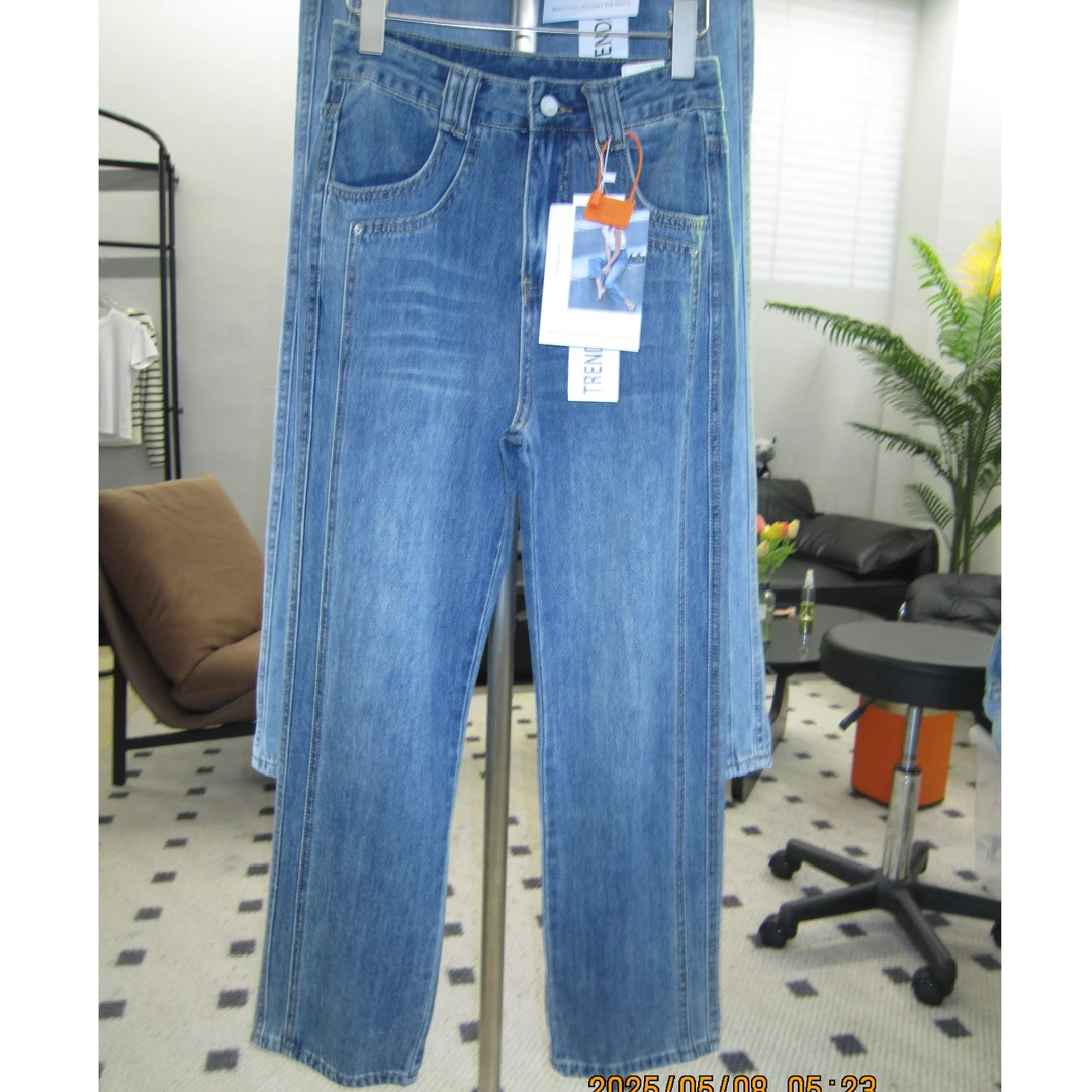 初秋中厚款软牛仔高腰显瘦水洗时尚复古蓝直筒裤休闲百搭中高腰