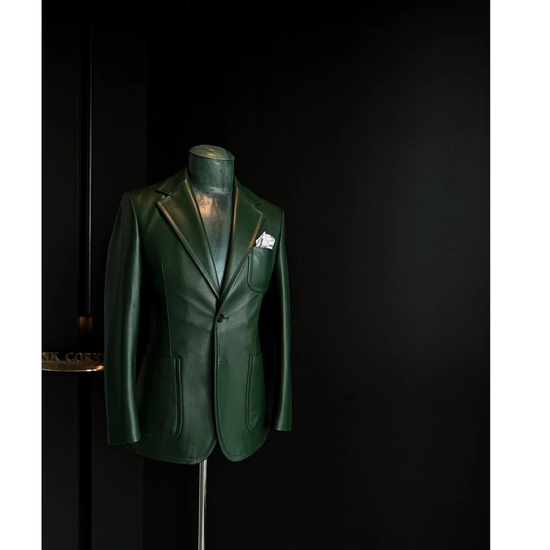 DRUNKCORNER单排三贴袋宽压线皮西服男士真皮秋季