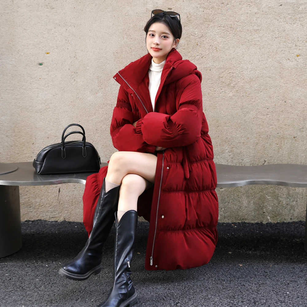 新款冬季加厚保暖时尚羽绒服女士长款纯色连帽韩版外套241255