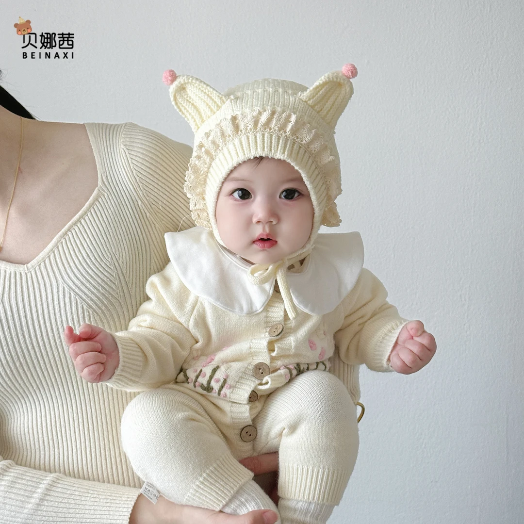 Beinaqian/贝娜茜婴儿帽子秋冬宝宝女保暖毛线帽洋气针织帽婴幼儿