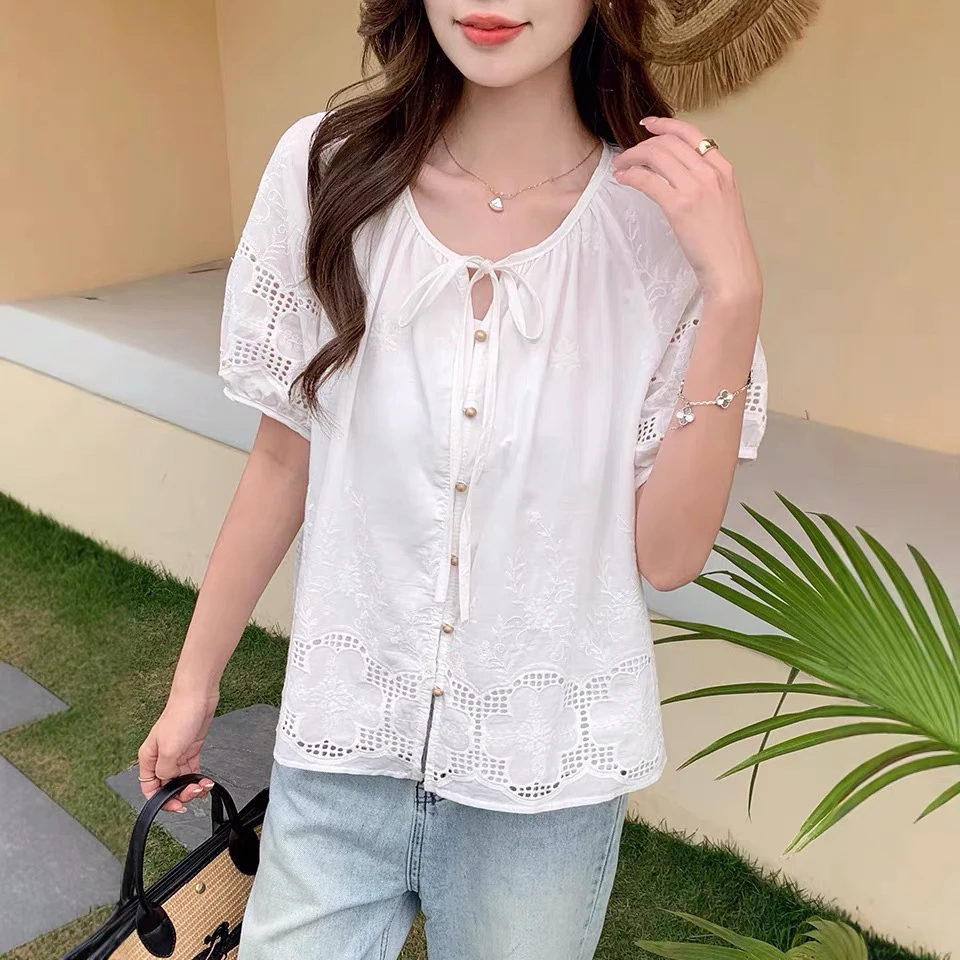 夏季新款女性镂空系带短袖衬衫宽松显瘦小众设计感上衣