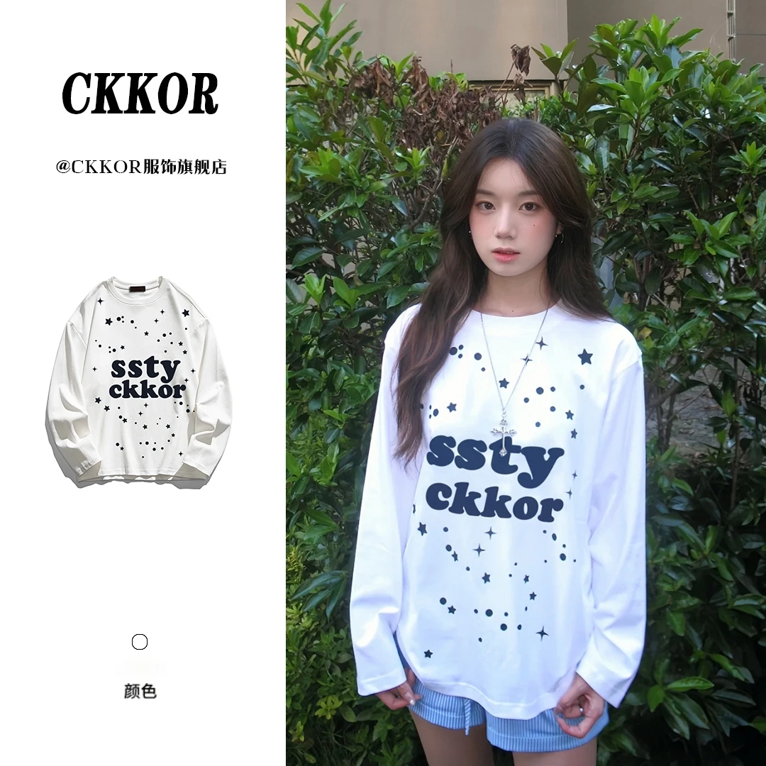 CKKOR初秋穿搭纯棉圆领长袖t恤女字母印花韩系时尚女装慵懒风上衣