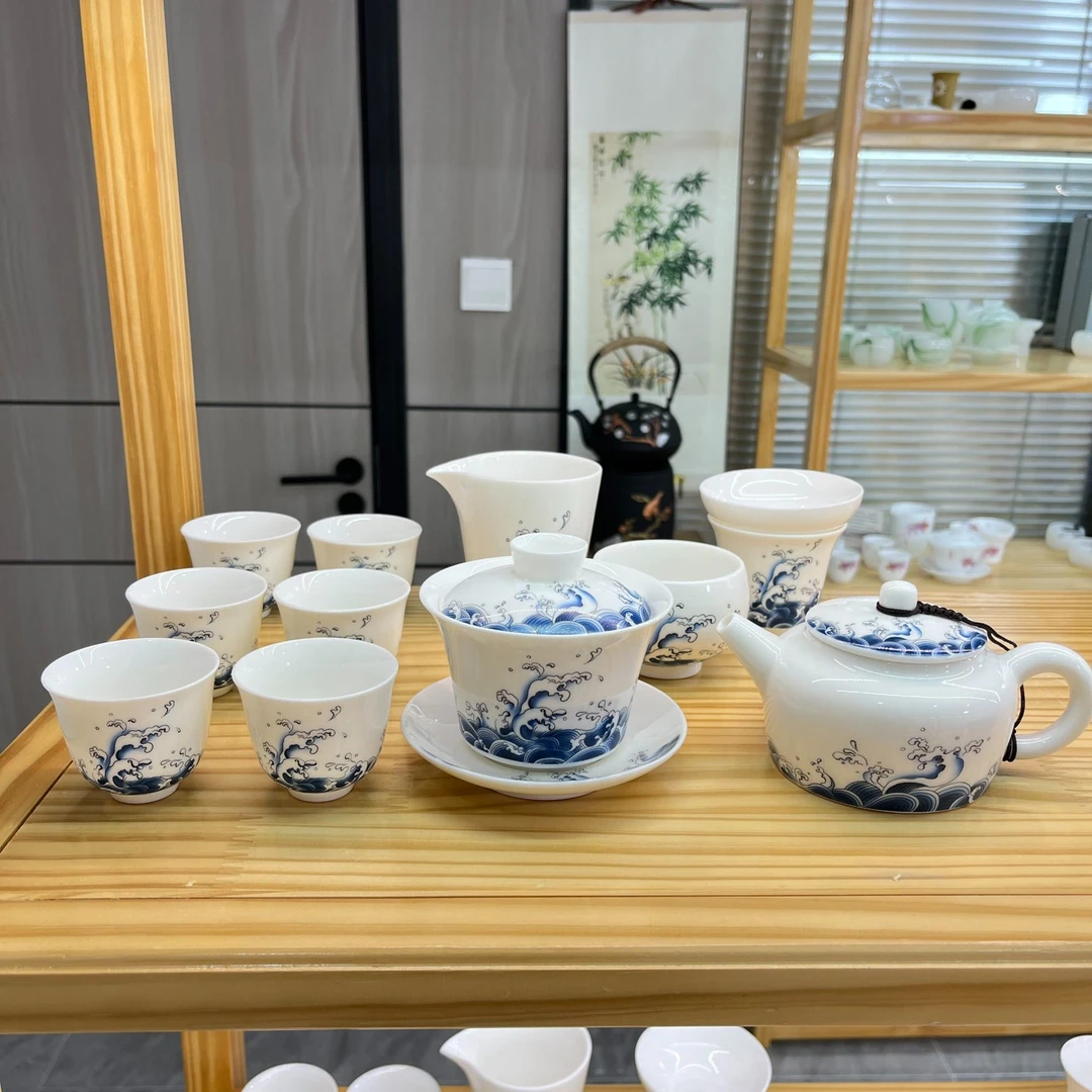 海浪悬停转盖12件套  羊脂玉白瓷功夫茶具套装 安全泡沫包装