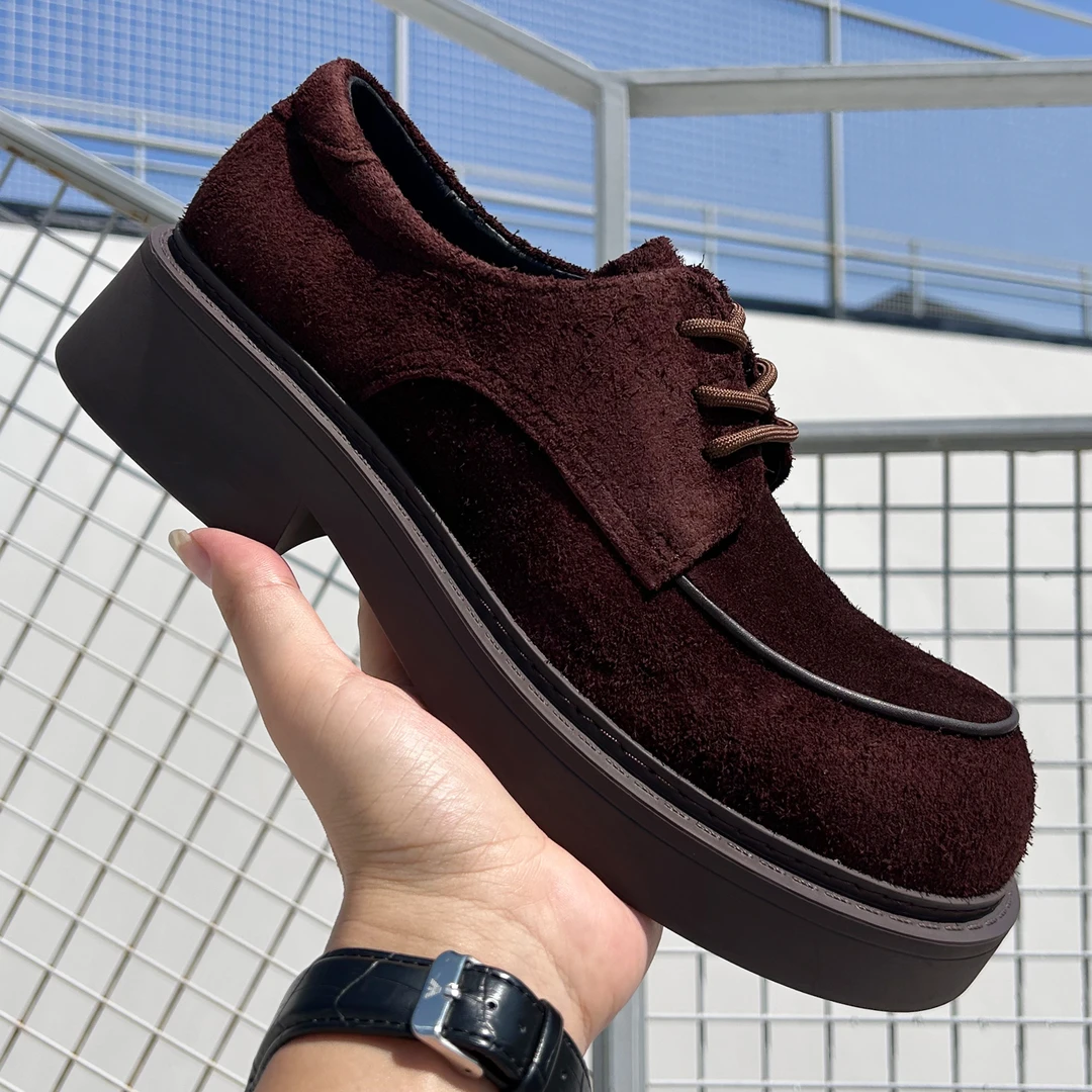 2025秋季新款复古反绒牛皮青年低帮系带休闲皮鞋日式厚底德比鞋