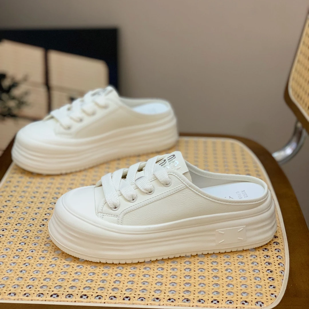 懒人无后跟包头拖鞋女2025春夏季新款韩版百搭松糕厚底百搭小白鞋