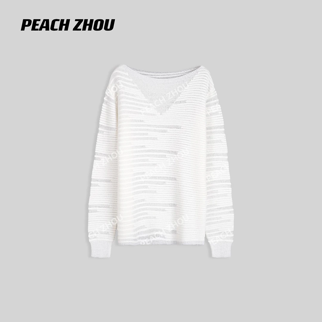 『PEACHZHOU』羊毛混纺毛织不规则镂空宽松圆领针织衫休闲洋气罩衫