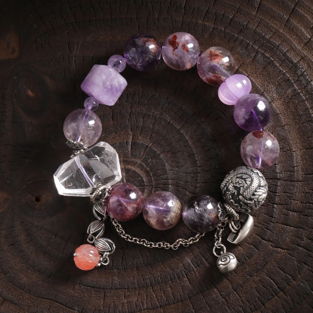 925银手链 S08939《秋梦》龙球花苞红红冰红莲花流苏紫水水弹力手串