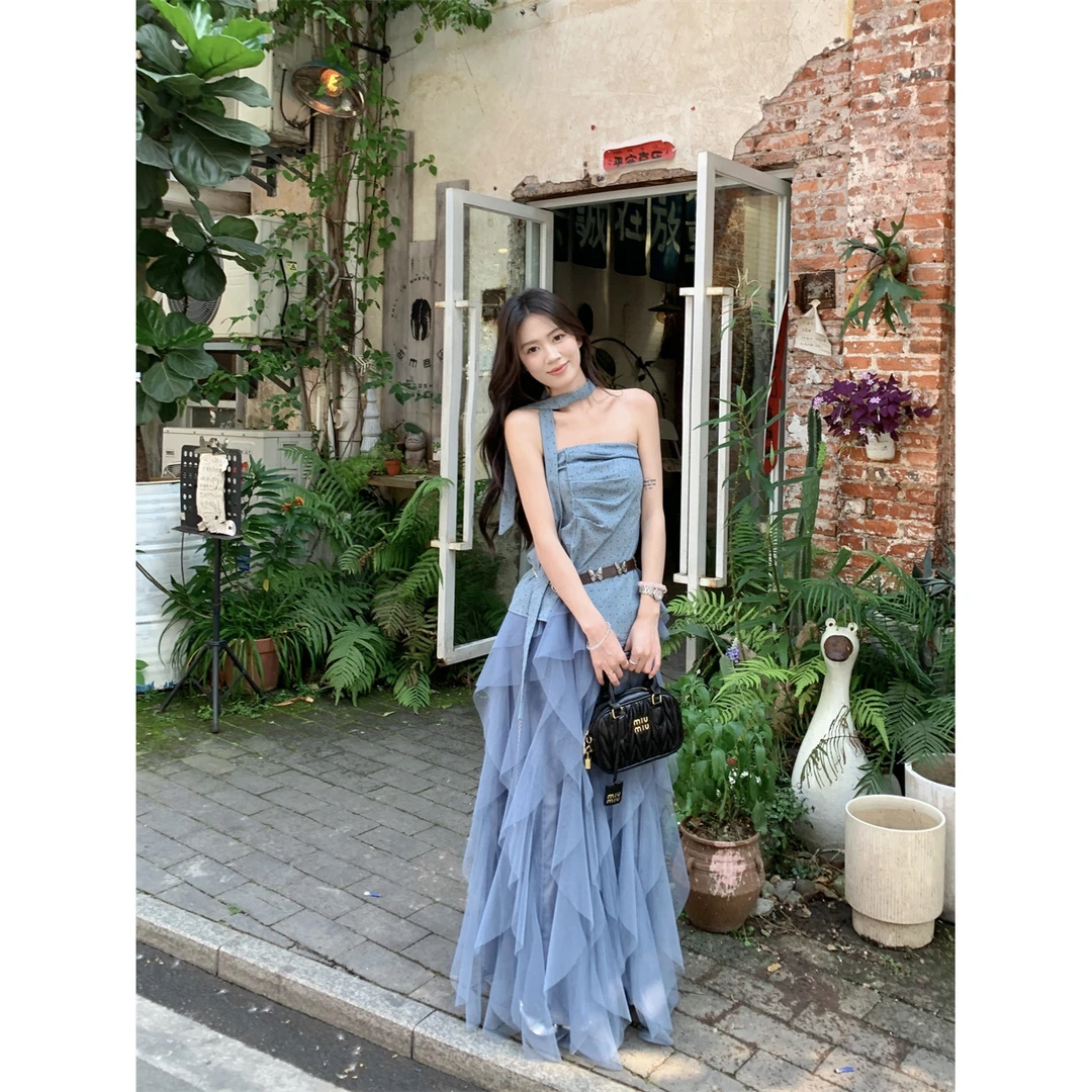 韩系甜美波点无袖抹胸背心女夏季设计感套装网纱高腰半身裙两件套