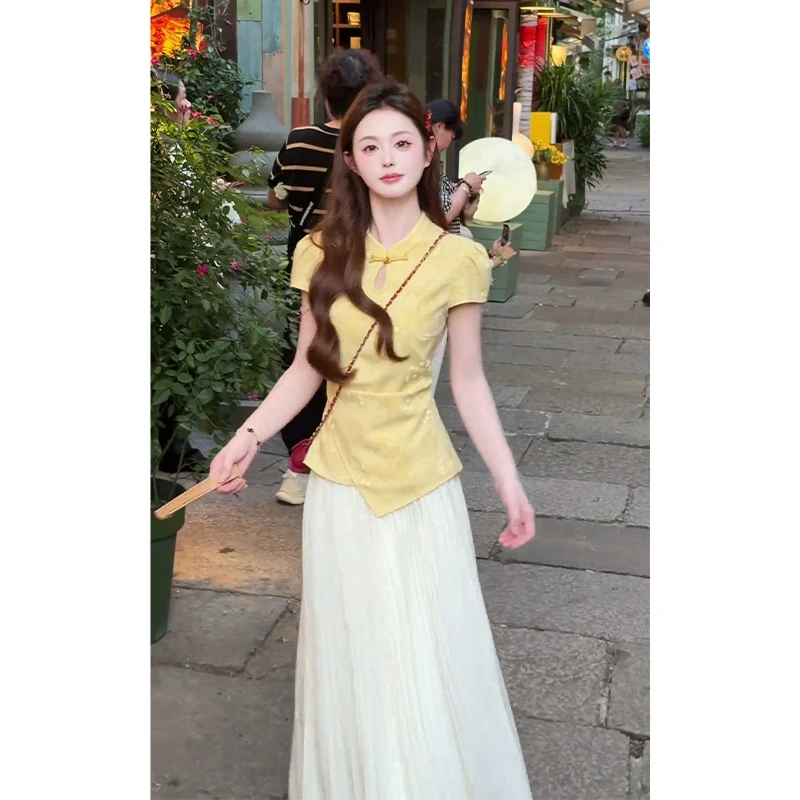 2025夏季新款女新中式立领盘扣修身短袖上衣设计感高腰显瘦半身裙