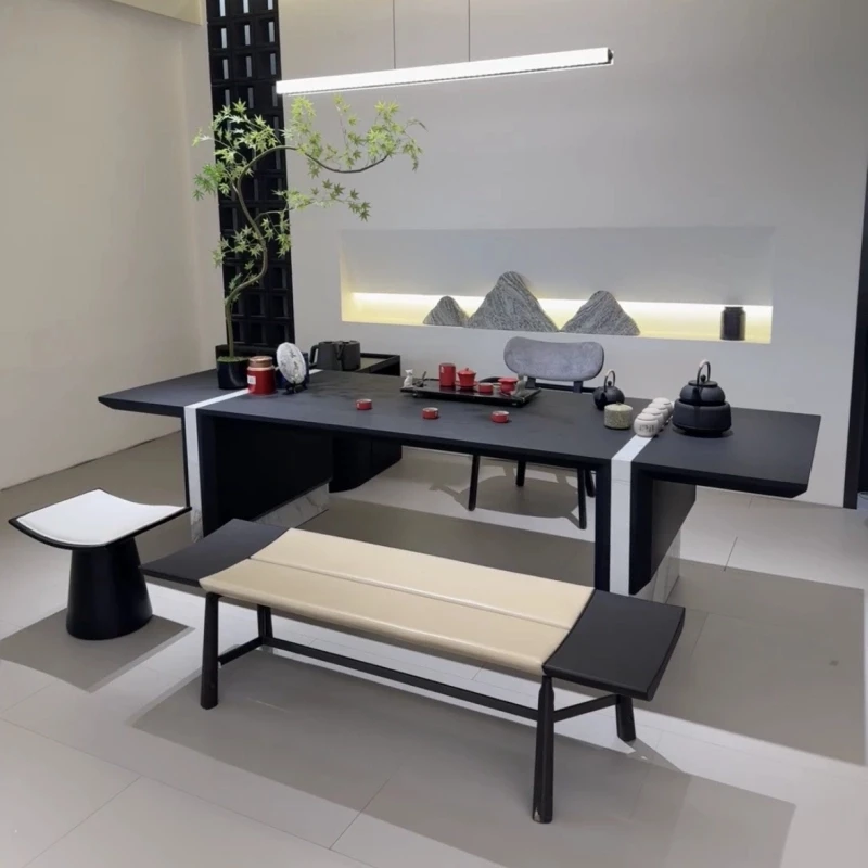 意式轻奢岩板茶桌茶空间白蜡木高端泡茶台简约现代实木茶台茶桌