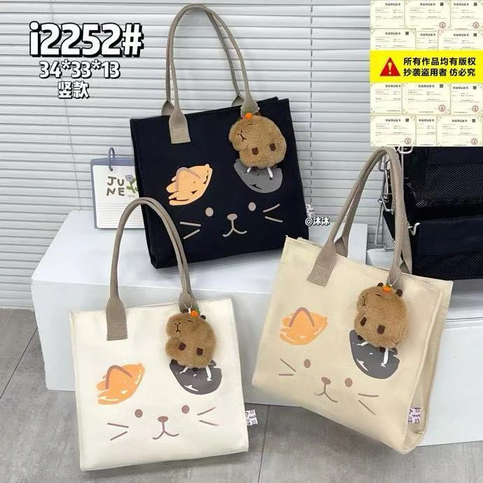可爱日系ins风卡通猫手提单肩大容量通勤简约棉麻托特包2252