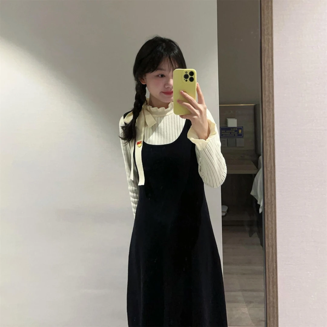 秋冬季法式名媛气质蝴蝶结时尚假两件拼接连衣裙收腰过膝A字长裙