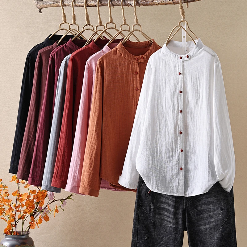 纯色立领双层棉纱衬衫女春秋季新款宽松百搭洋气纯棉长袖衬衣上衣