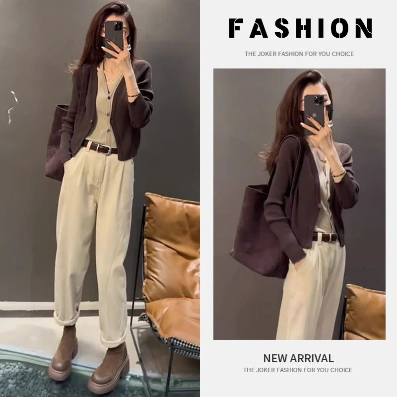 2025春季穿搭一整套女新款显瘦遮肉假两件针织上衣显瘦长裤两件套