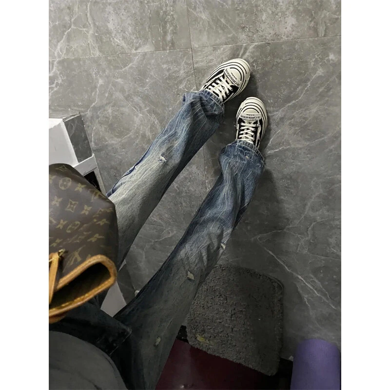 闪电纹蓝色破洞牛仔裤男款潮牌高街微喇裤cleanfit美式水洗直筒裤