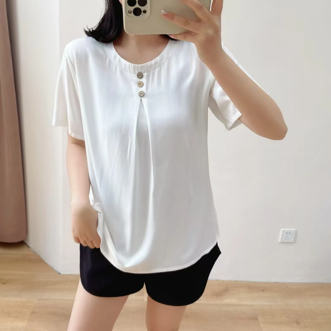 夏季新女士棉绸短袖加大加肥纯色V领气质百搭休闲青岛人造棉2513