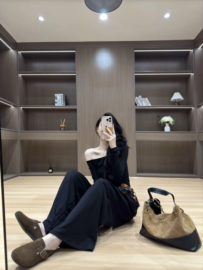 韩版百搭老钱风女装性感休闲纯欲斜肩长袖上衣宽松显瘦阔腿长裤潮