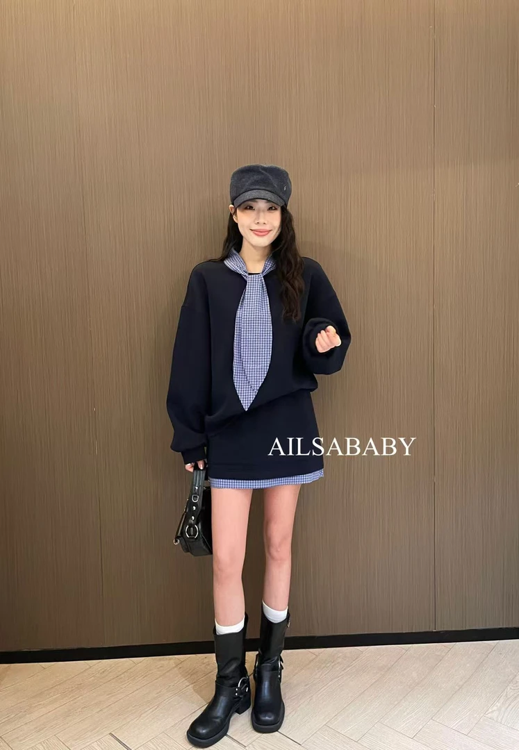 【AILSA BABY】欧货领带假两件卫衣➕短裙套装/21803A