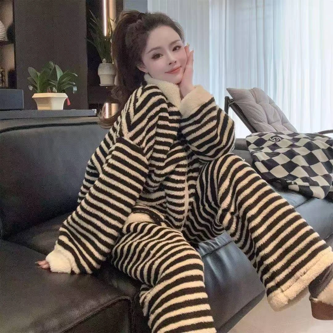 专属新款条纹拉链立领加绒加厚睡衣套装家居服保暖防风情侣同款1