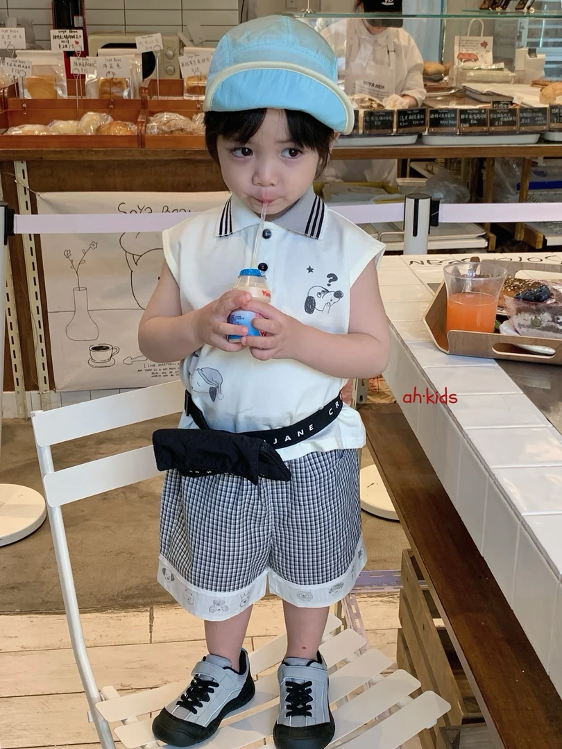 赫一童品25夏AH正版polo印花狗狗可爱背心格子短裤撞色