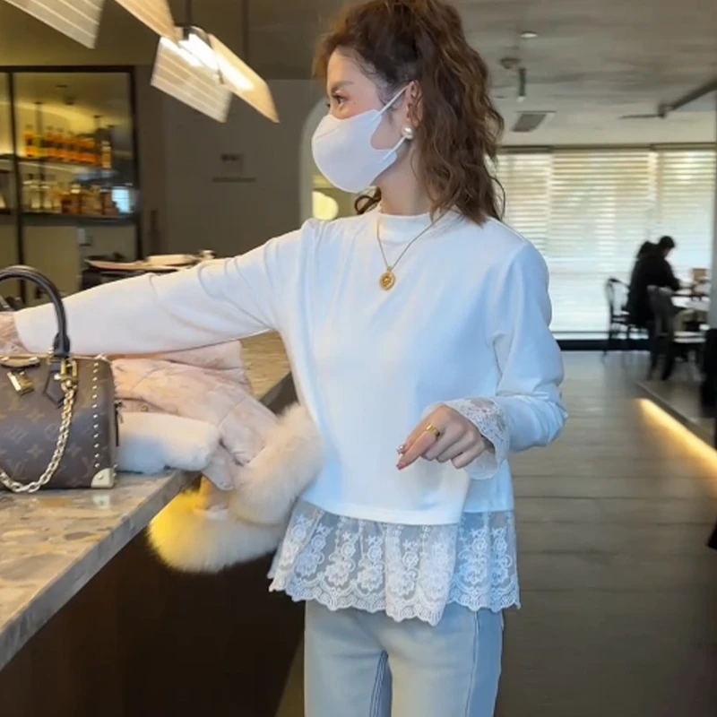 设计感白色蕾丝拼接长袖T恤女2025年新款早春叠穿内搭打底衫