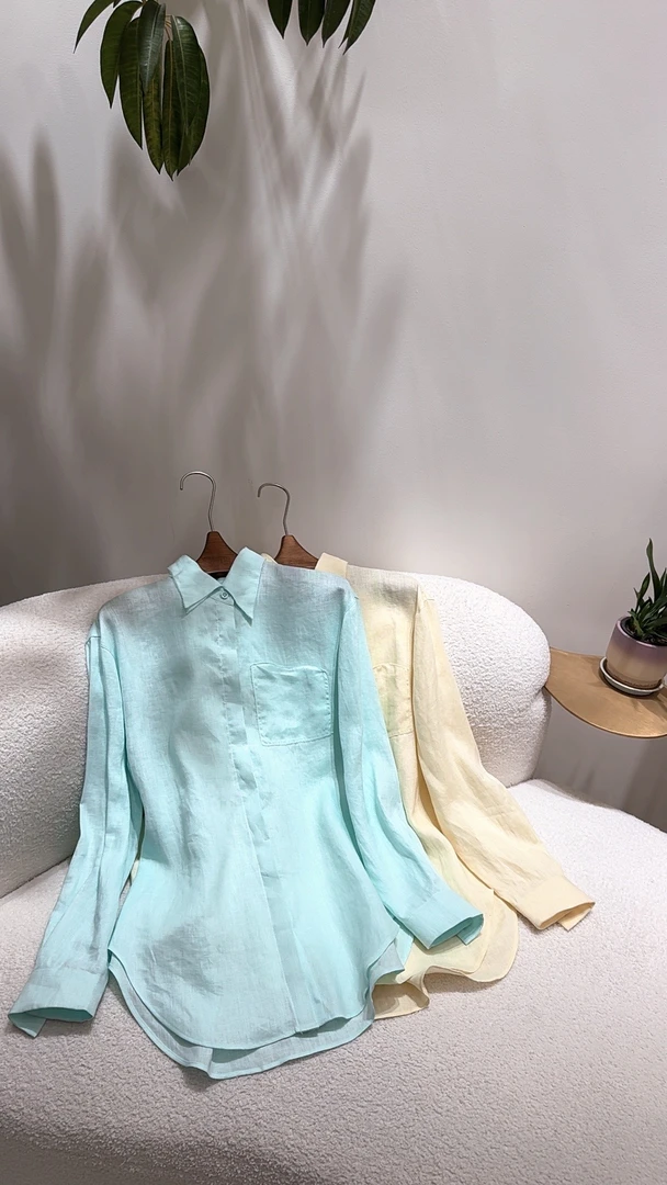 【25383】慵懒感亚麻上衣长袖衬衫气质印花衬衣设计感休闲衬衫