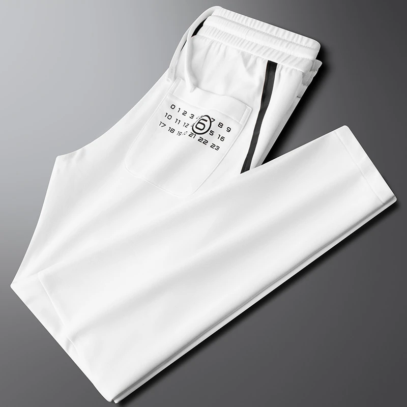 轻奢高档夏季薄款潮牌刺绣白色休闲裤男款修身柔软弹力直筒卫裤男