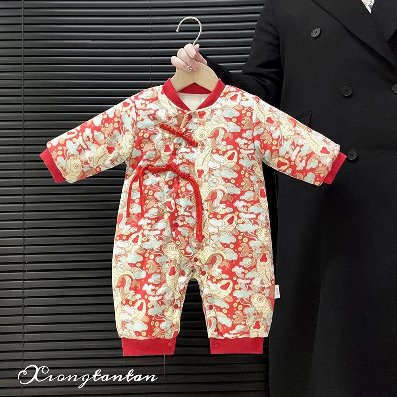 婴儿连体衣秋冬季加厚夹棉衣服宝宝拜年服连体中国风哈衣外出棉服