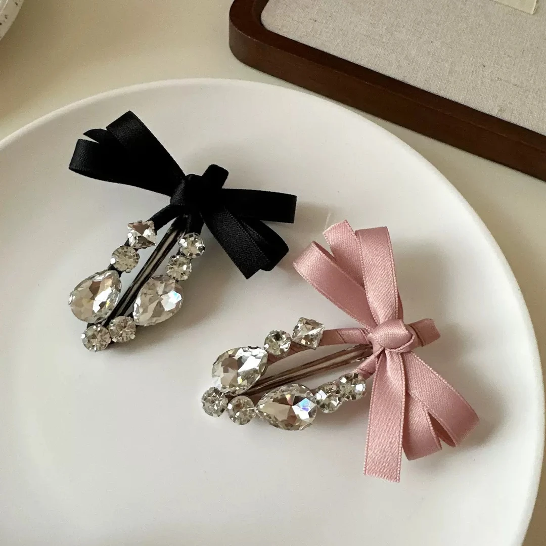 新款韩国甜美丝带蝴蝶结水钻鸭嘴夹发夹超仙刘海夹侧边夹发饰女