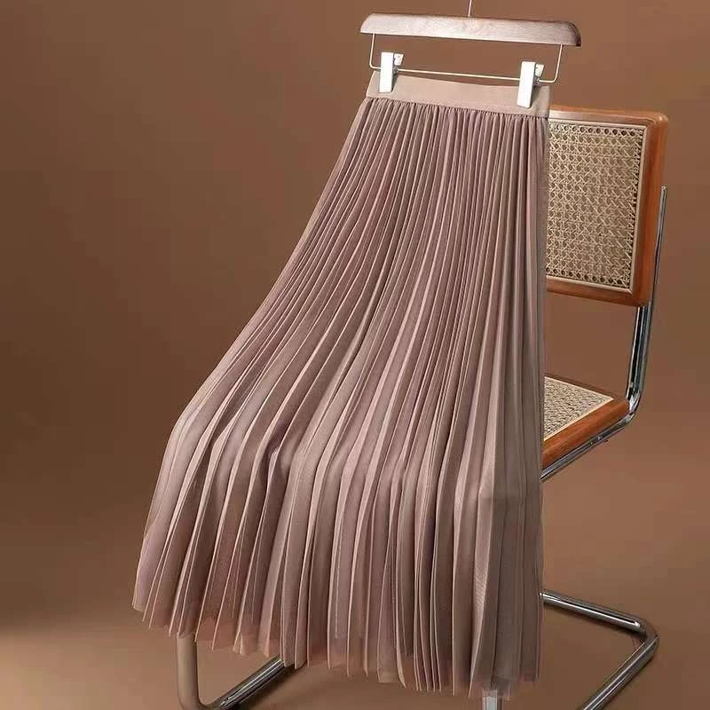 网纱半身裙女春夏新款纯色A字百褶裙中长款仙女百搭纱裙遮跨显瘦